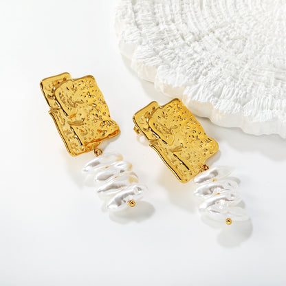 Stainless Steel Hammered Square Pearl Drop Earrings | 18K Gold Plated Statement Jewelry