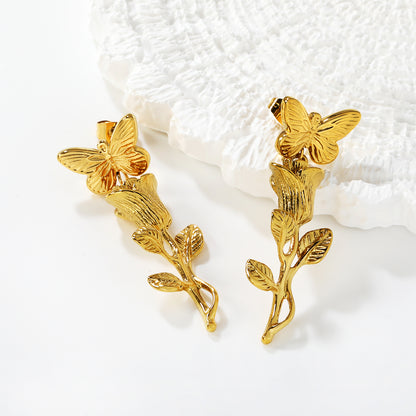 Dainty Rose Stem Butterfly Earrings | Hypoallergenic Stainless Steel for Women