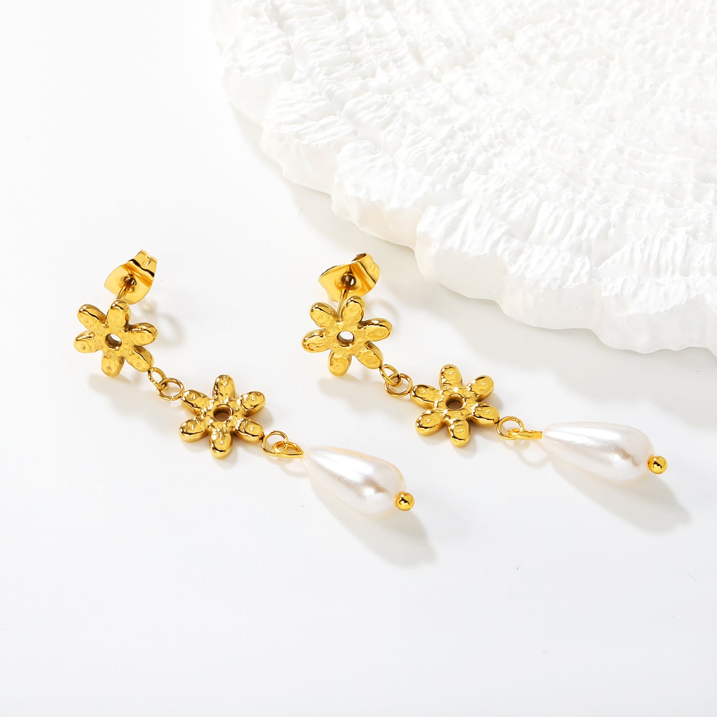 Stainless Steel Flower Earrings with Pearl | Long Dangle Earrings for Women | Elegant Floral Jewelry