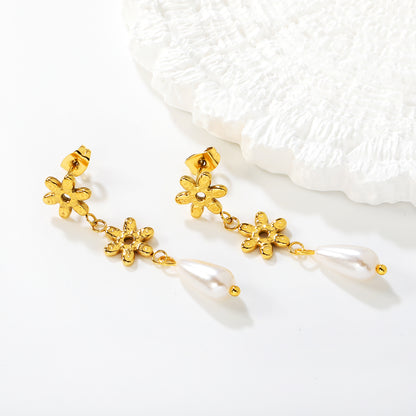Stainless Steel Flower Earrings with Pearl | Long Dangle Earrings for Women | Elegant Floral Jewelry