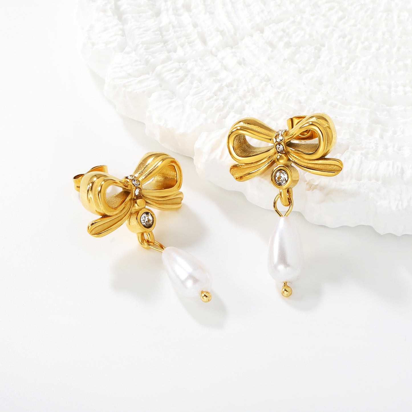 18K Gold Plated Bow Teardrop Pearl Earrings | Vintage Inspired Dangle Stainless Steel Earrings