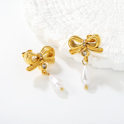 18K Gold Plated Bow Teardrop Pearl Earrings | Vintage Inspired Dangle Stainless Steel Earrings