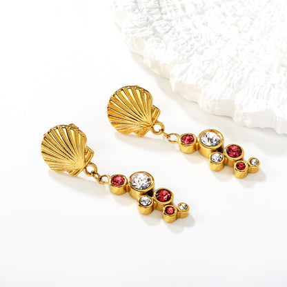 Nautical Shell CZ Drop Earrings | Gold Stainless Steel Summer Statement Jewelry