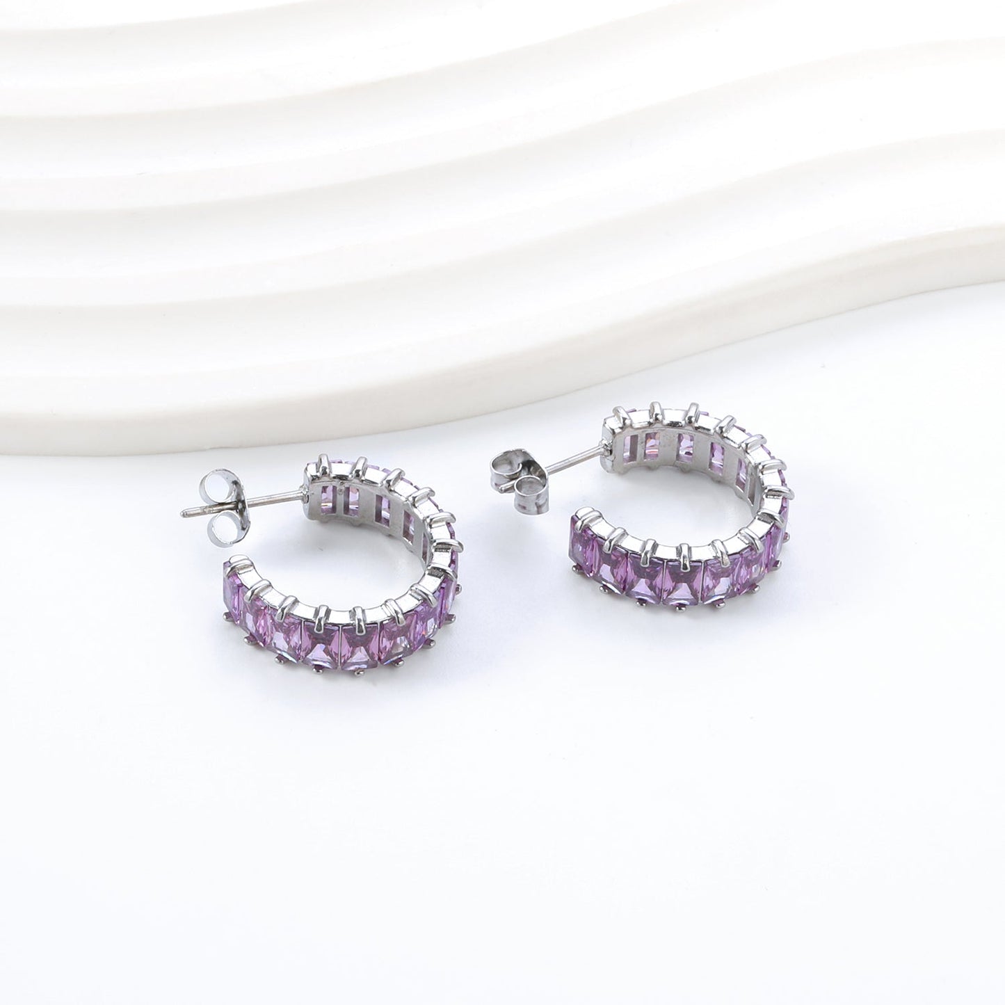 C-Shape with Two Catch Baguette White&Purple&Green&Mixed Diamond Stud Earrings 6.8*21mm