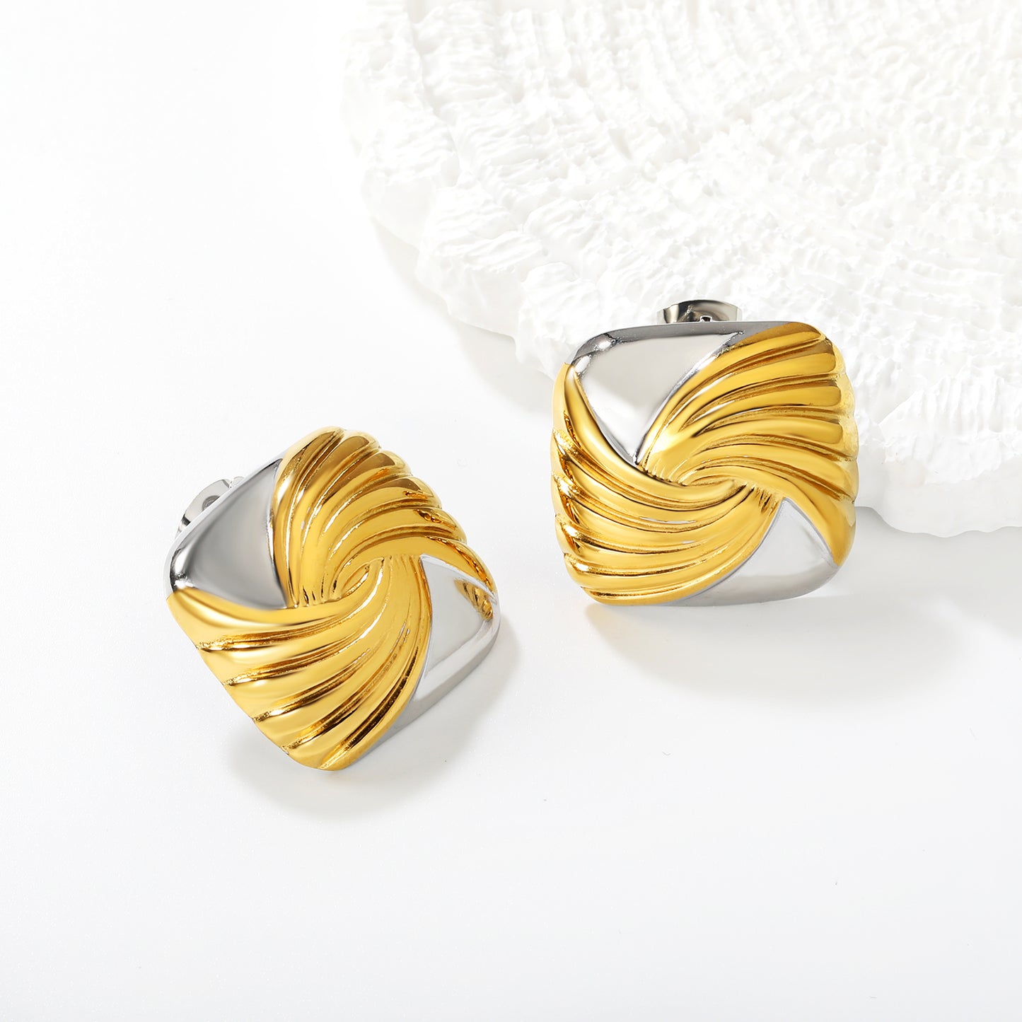 Mixed Metal Swirl Square Earrings | Hypoallergenic Waterproof Statement Studs