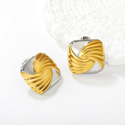 Mixed Metal Swirl Square Earrings | Hypoallergenic Waterproof Statement Studs