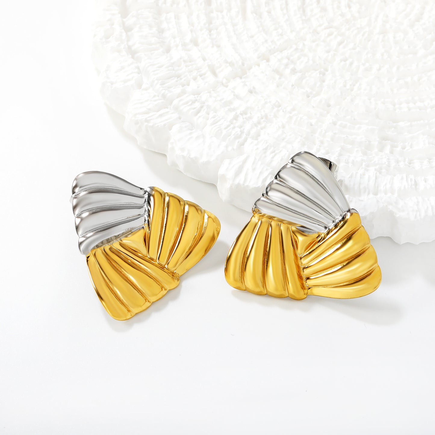 Stainless Steel Two-Tone Ribbed Triangle Stud Earrings | Gold & Steel Textured Jewelry