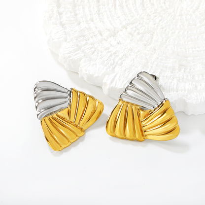 Stainless Steel Two-Tone Ribbed Triangle Stud Earrings | Gold & Steel Textured Jewelry