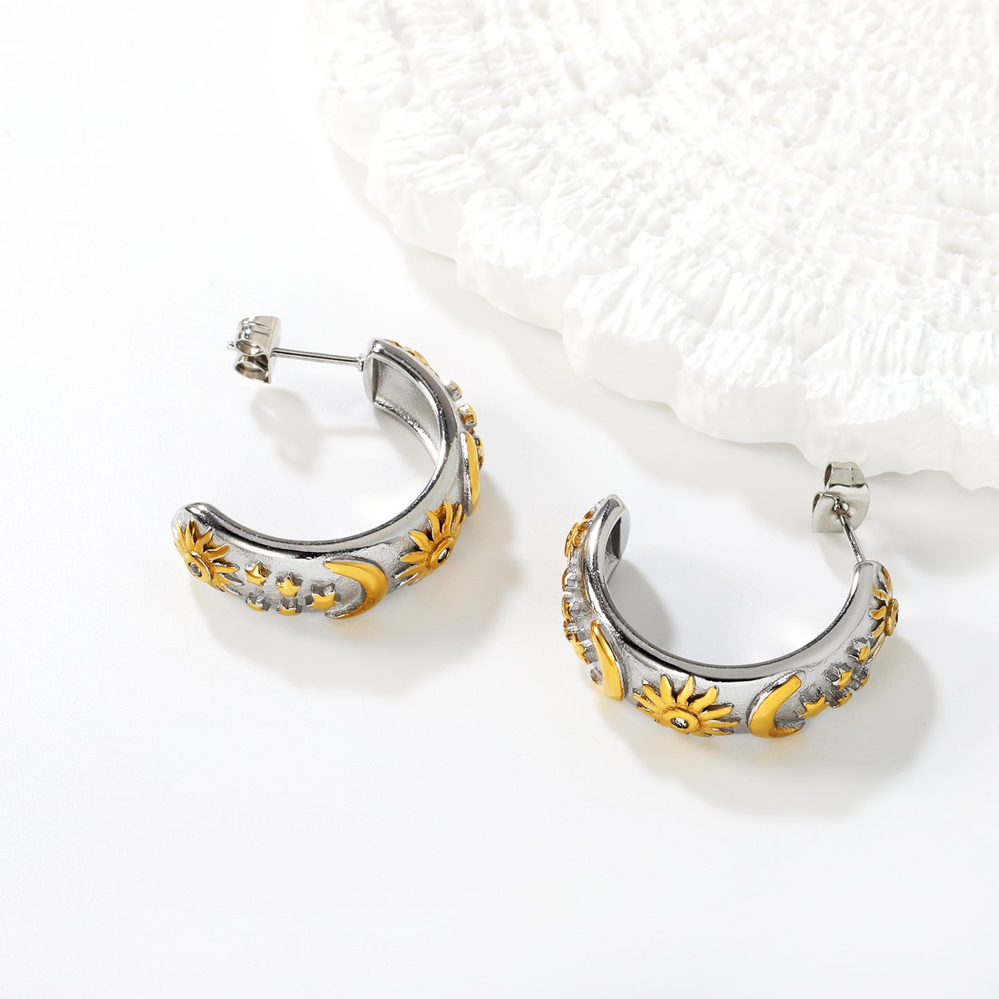 Wholesale C-Shape Celestial Earrings | Two-Tone Moon Star Sun Earrings with Crystals | Bulk Stainless Steel Jewelry