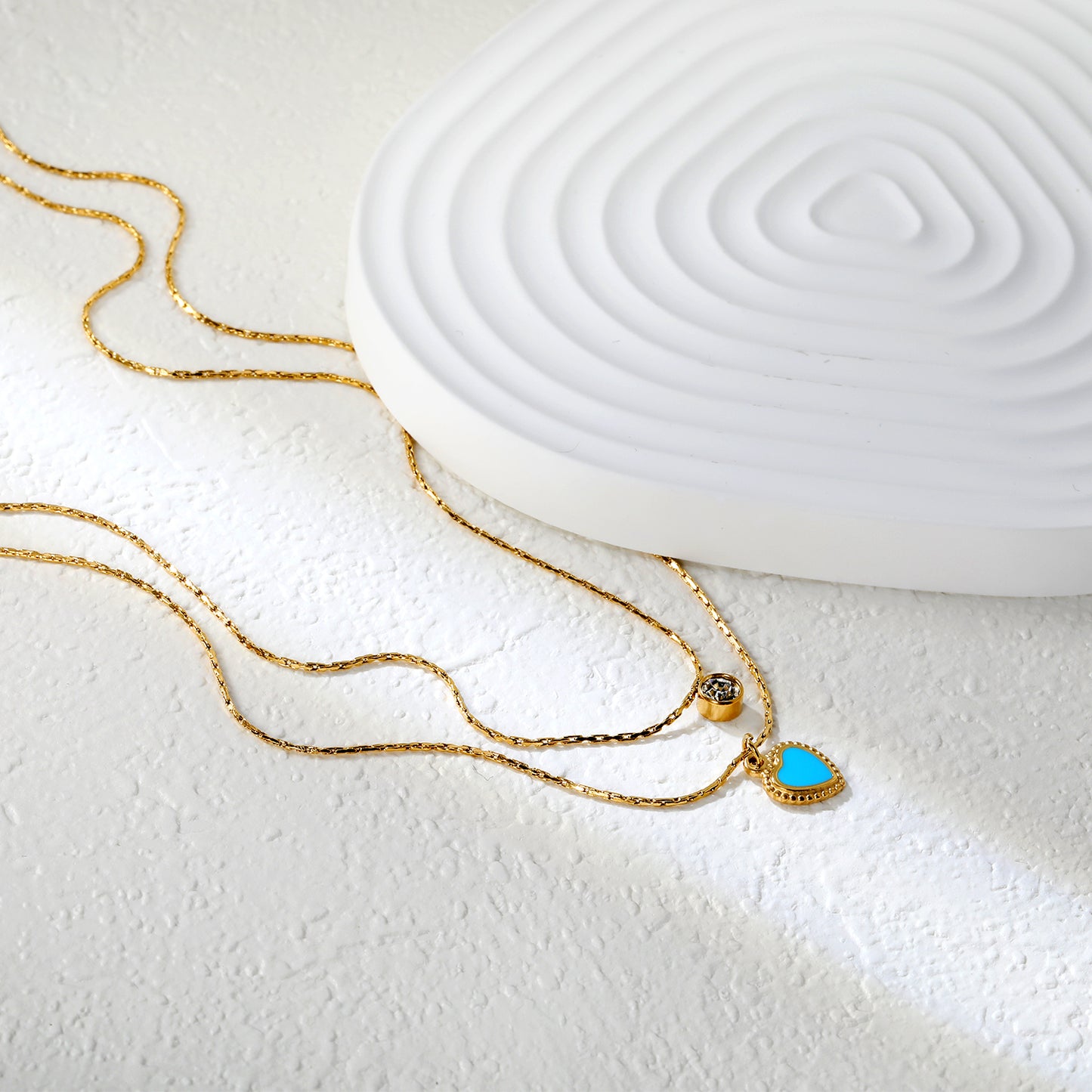Bulk Double-Layer Gold Necklace Set | 5mm CZ Bar & Blue Dripping Love Heart Pendant | Adjustable Hammered Chains (50+40+5cm)