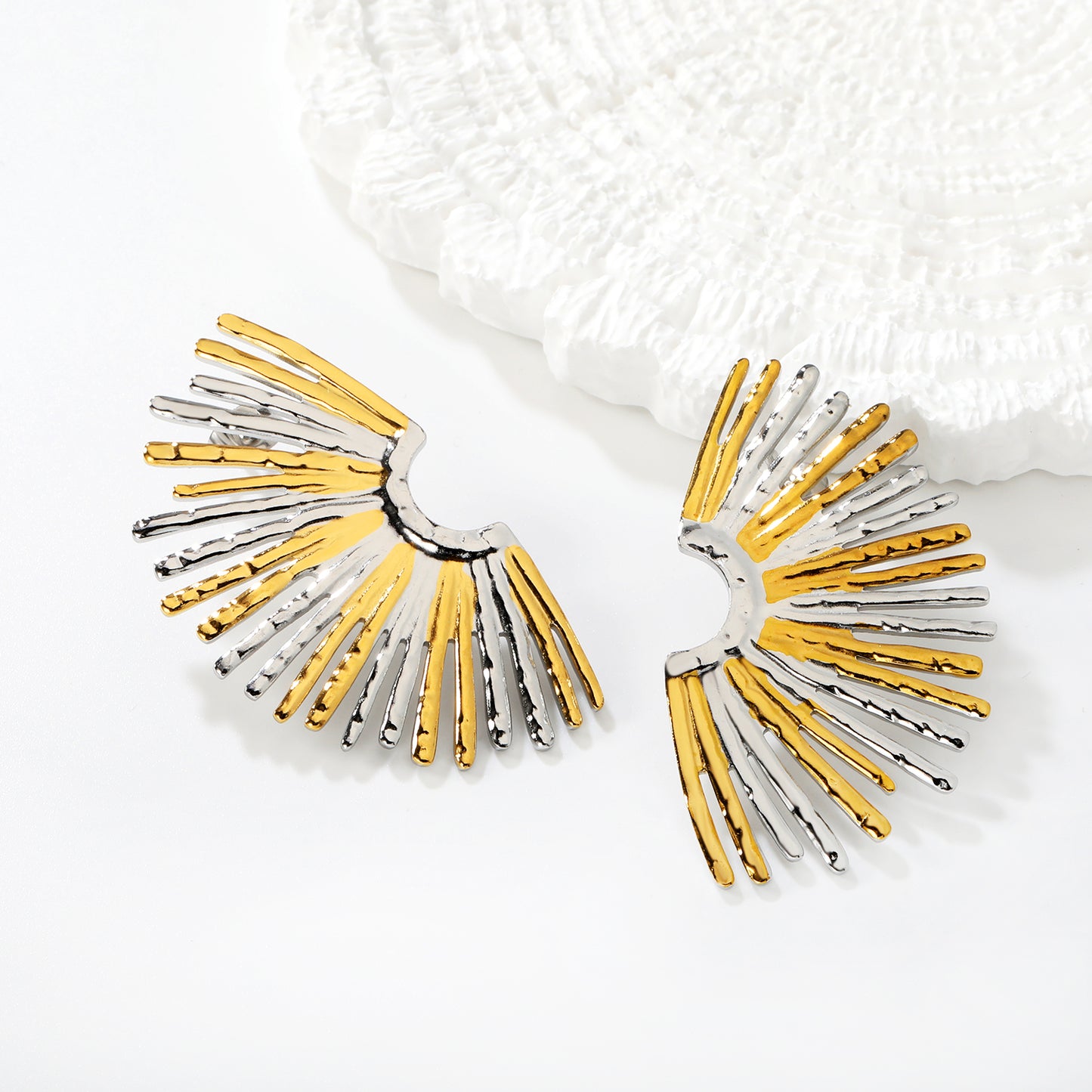 Stainless Steel Fan Earrings | Two-Tone Geometric Earrings for Women | Modern Color Block Jewelry