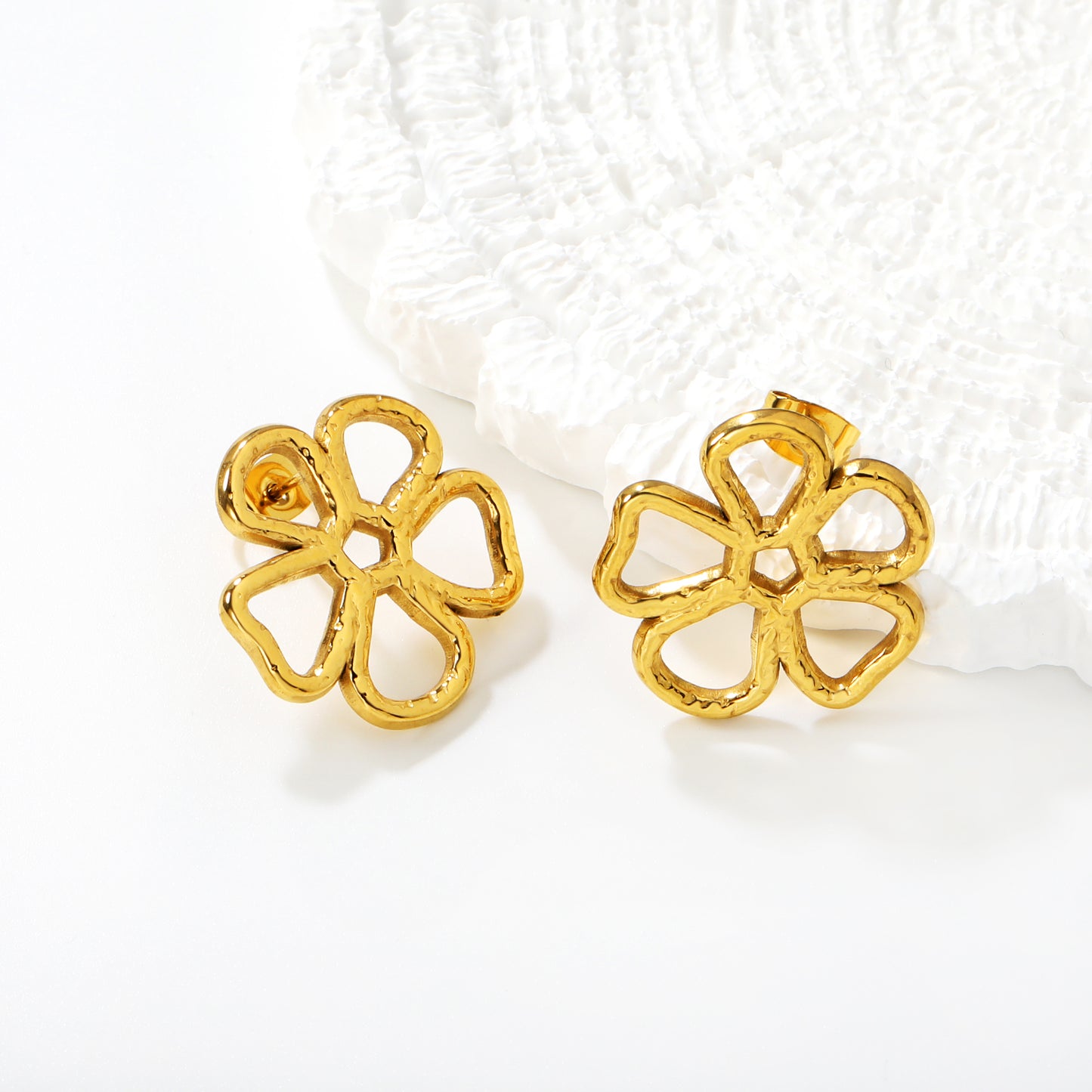 Wholesale Hollow Five-Petal Flower Earrings | Waterproof Hypoallergenic Stainless Steel Jewelry | Floral Lace Earrings
