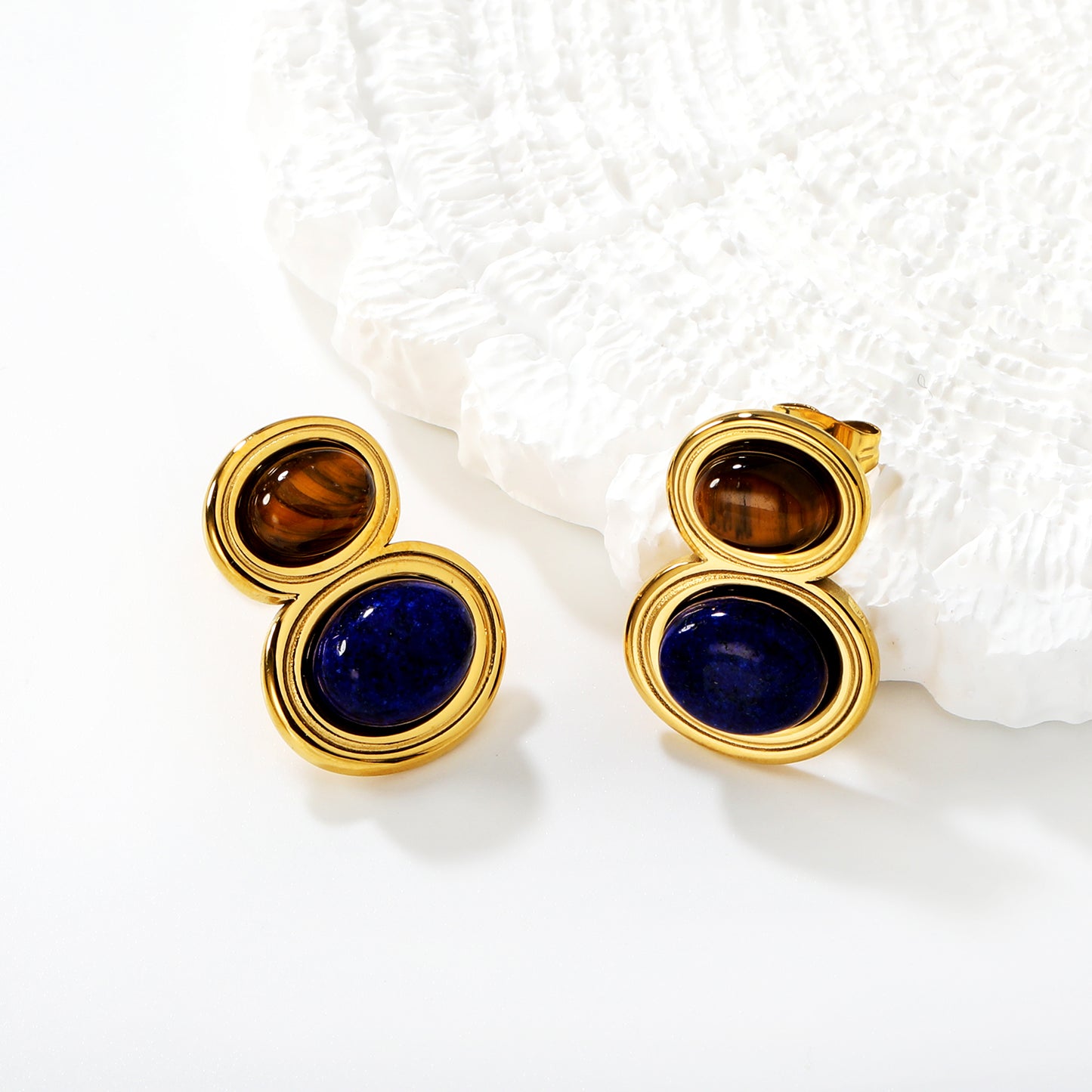 Wholesale Blue Brown Tiger's Eye Earrings | Waterproof Hypoallergenic Stainless Steel Jewelry for Women