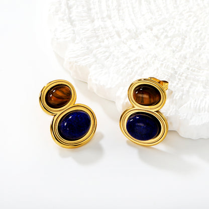 Wholesale Blue Brown Tiger's Eye Earrings | Waterproof Hypoallergenic Stainless Steel Jewelry for Women