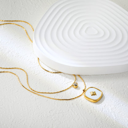 Bulk Double-Layer Gold Necklace Set | 5mm CZ Bar & 16mm Mother-of-Pearl Shell Pendant | 0.9mm Hammered Chains (Adjustable 50+40+5cm)