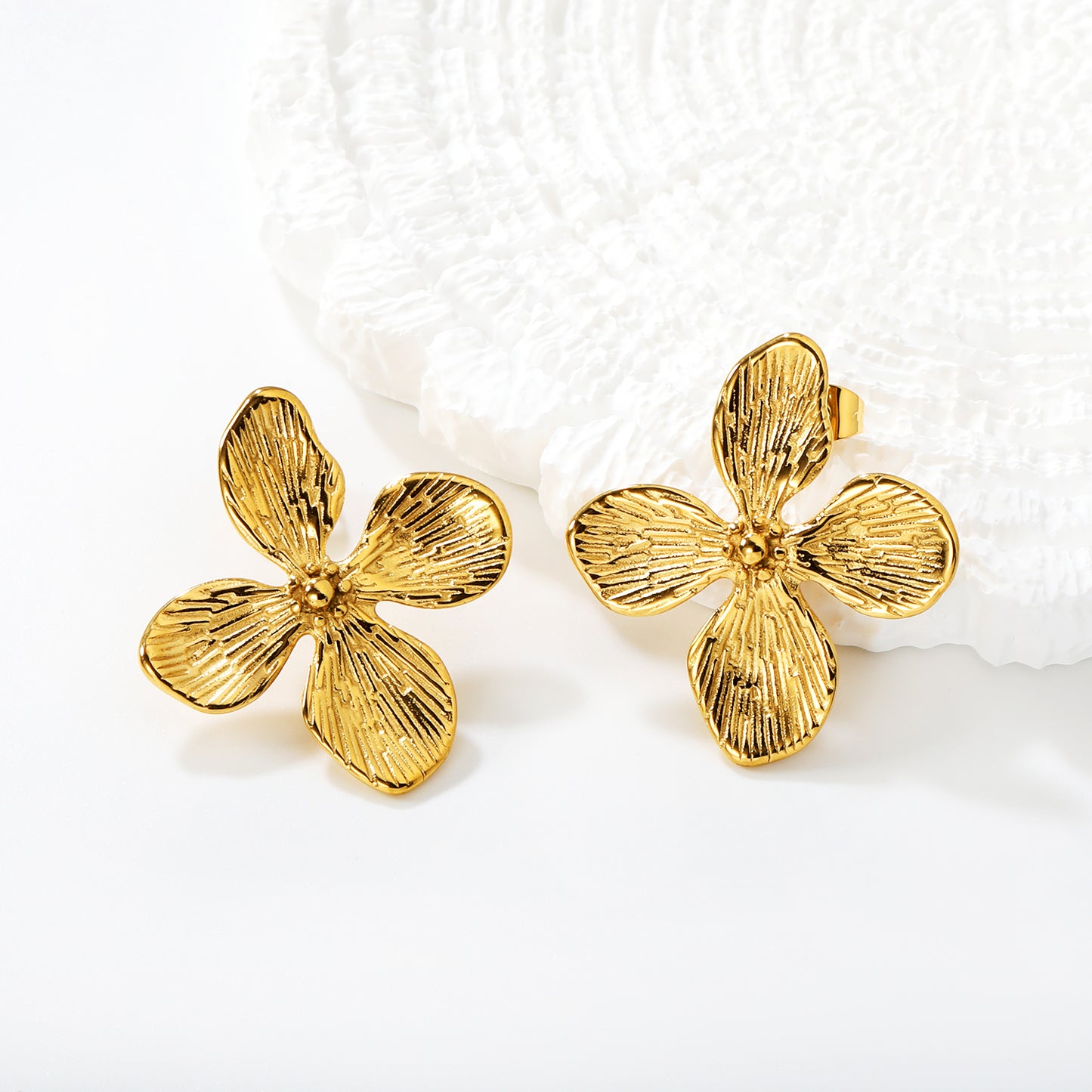 Waterproof Four-Petal Flower Earrings | Hypoallergenic Stainless Steel Earrings for Women | Floral Studs