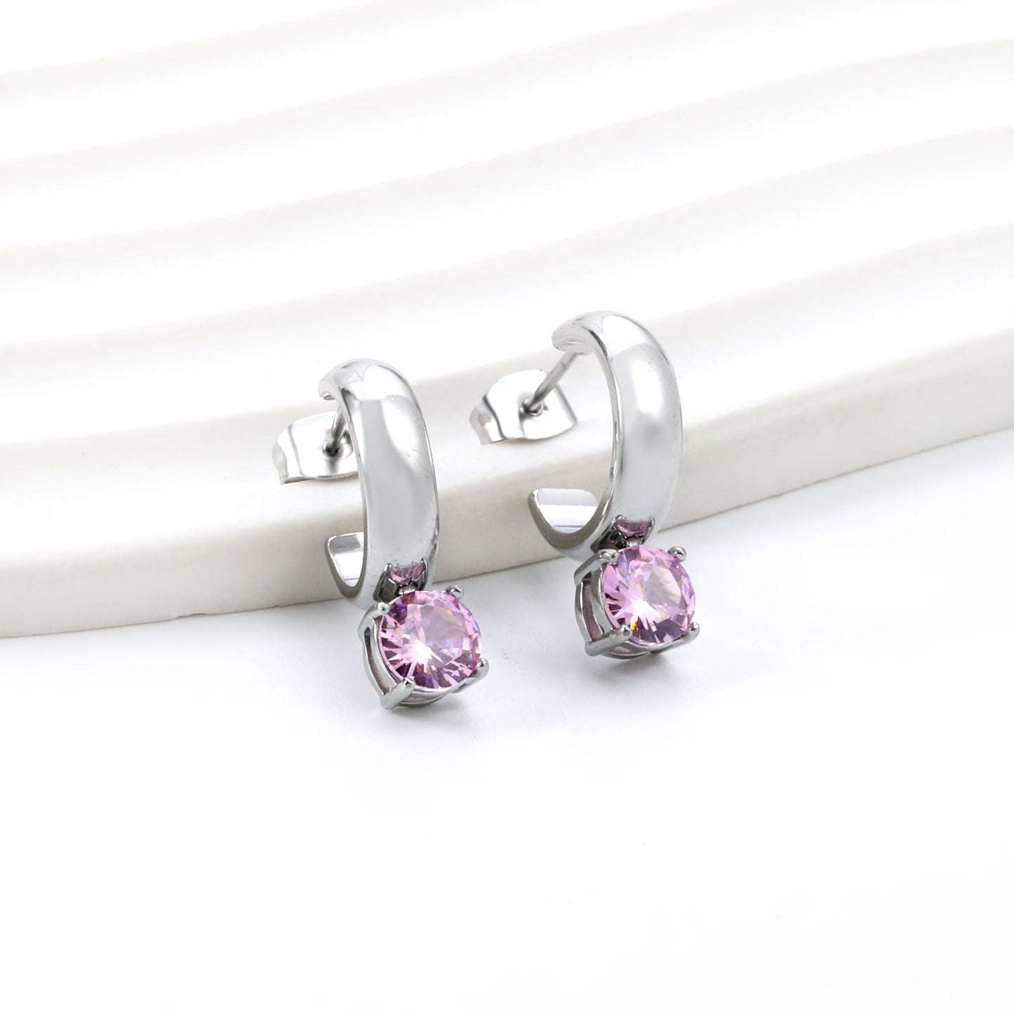 4.3*15mm C-shaped hoop with four scratches round white&black&purple&pink&green diamond stud earrings 6.2mm