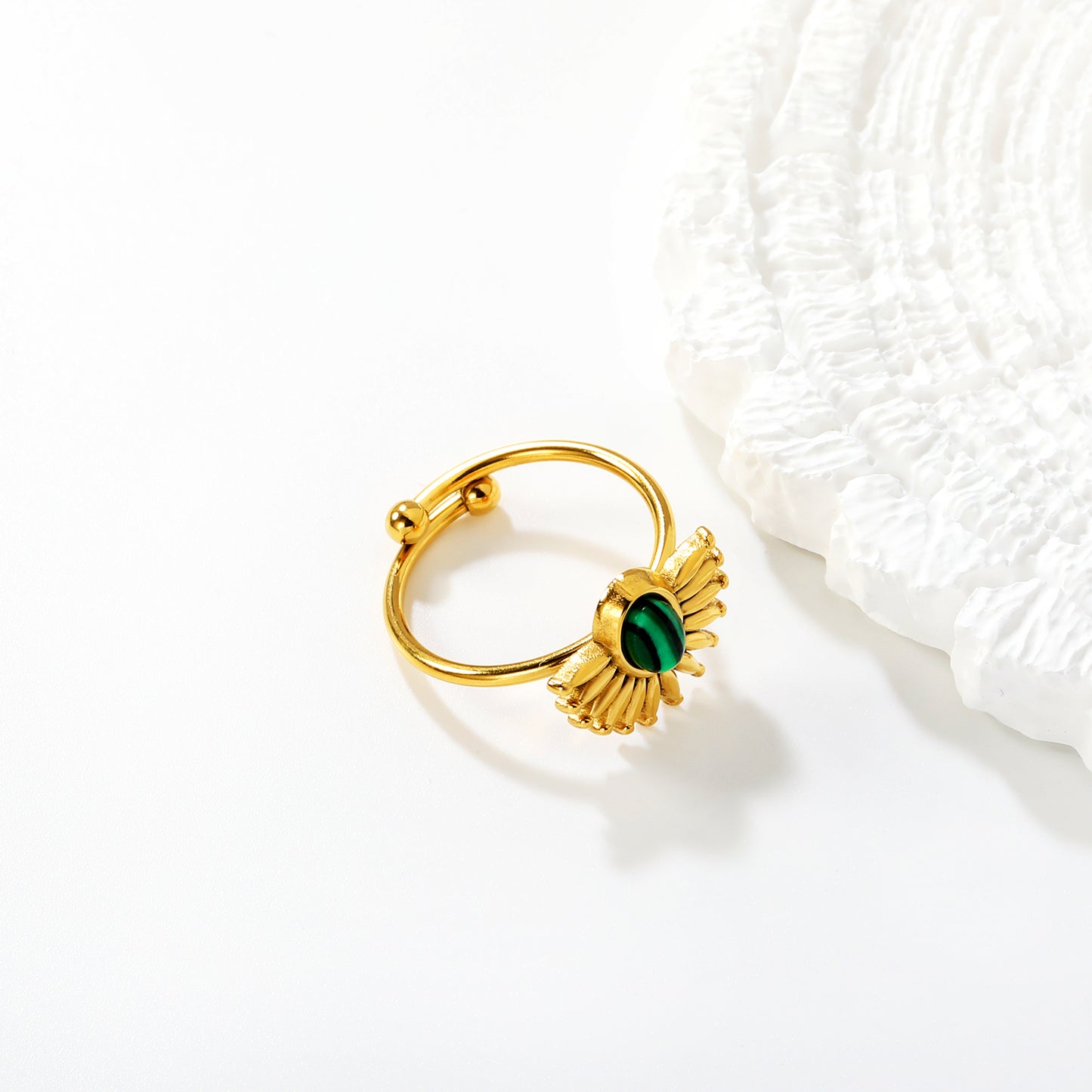 Wholesale Adjustable Sunflower Ring | Malachite Gemstone & Stainless Steel | Waterproof Hypoallergenic Jewelry