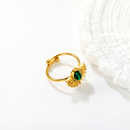 Wholesale Adjustable Sunflower Ring | Malachite Gemstone & Stainless Steel | Waterproof Hypoallergenic Jewelry