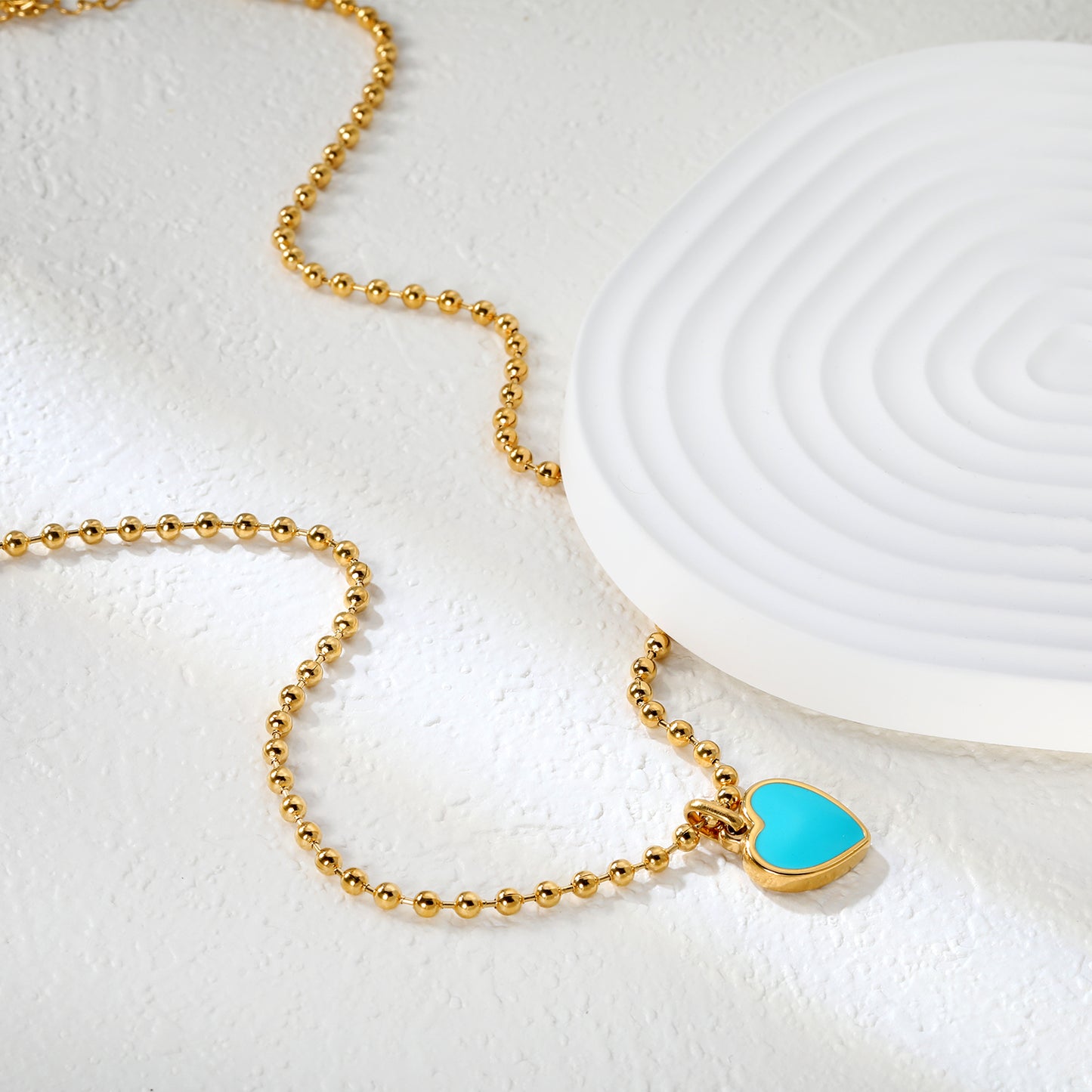 Bulk Double-Layer Gold Necklace Set | 5mm CZ Bar & Blue Dripping Love Heart Pendant | Adjustable Hammered Chains (50+40+5cm)