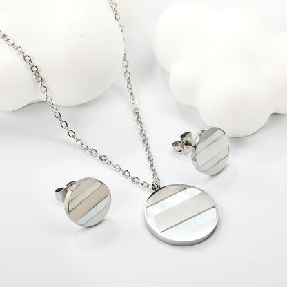 Round Sticky White Shell Set Steel/Gold Earrings:12mm Pendant:18mm 04Cross45+5cm+6mm Round Plate