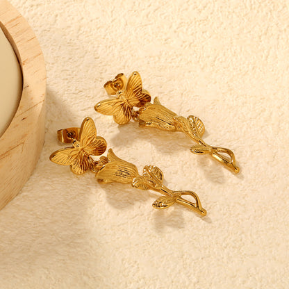 Dainty Rose Stem Butterfly Earrings | Hypoallergenic Stainless Steel for Women