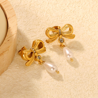 18K Gold Plated Bow Teardrop Pearl Earrings | Vintage Inspired Dangle Stainless Steel Earrings