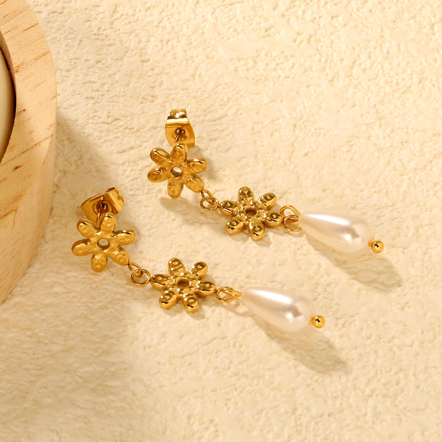 Stainless Steel Flower Earrings with Pearl | Long Dangle Earrings for Women | Elegant Floral Jewelry