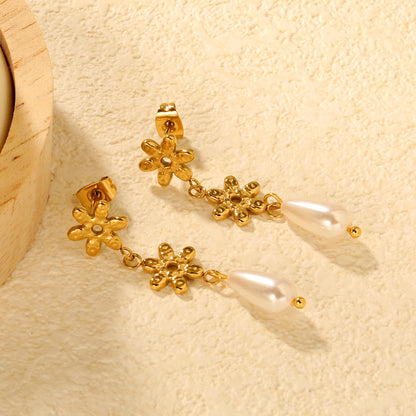 Stainless Steel Flower Earrings with Pearl | Long Dangle Earrings for Women | Elegant Floral Jewelry
