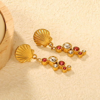 Nautical Shell CZ Drop Earrings | Gold Stainless Steel Summer Statement Jewelry