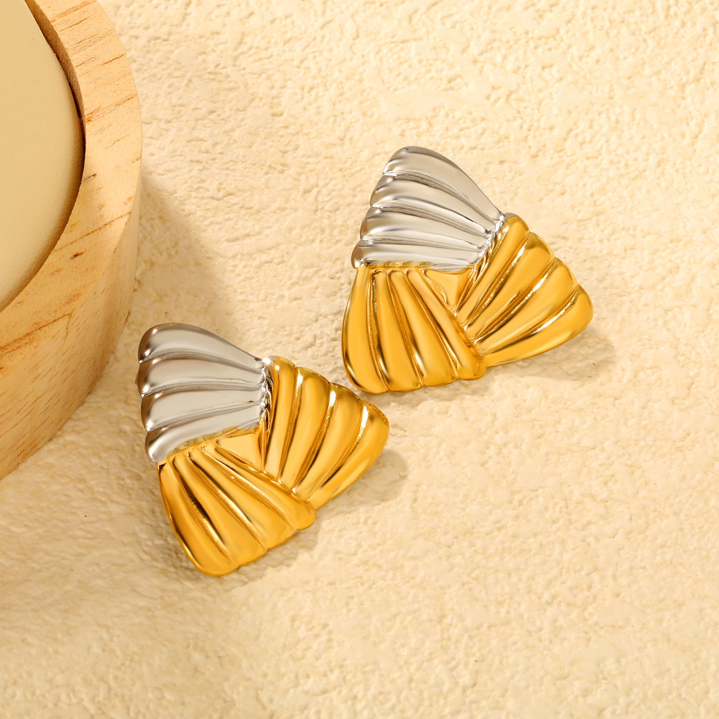 Stainless Steel Two-Tone Ribbed Triangle Stud Earrings | Gold & Steel Textured Jewelry