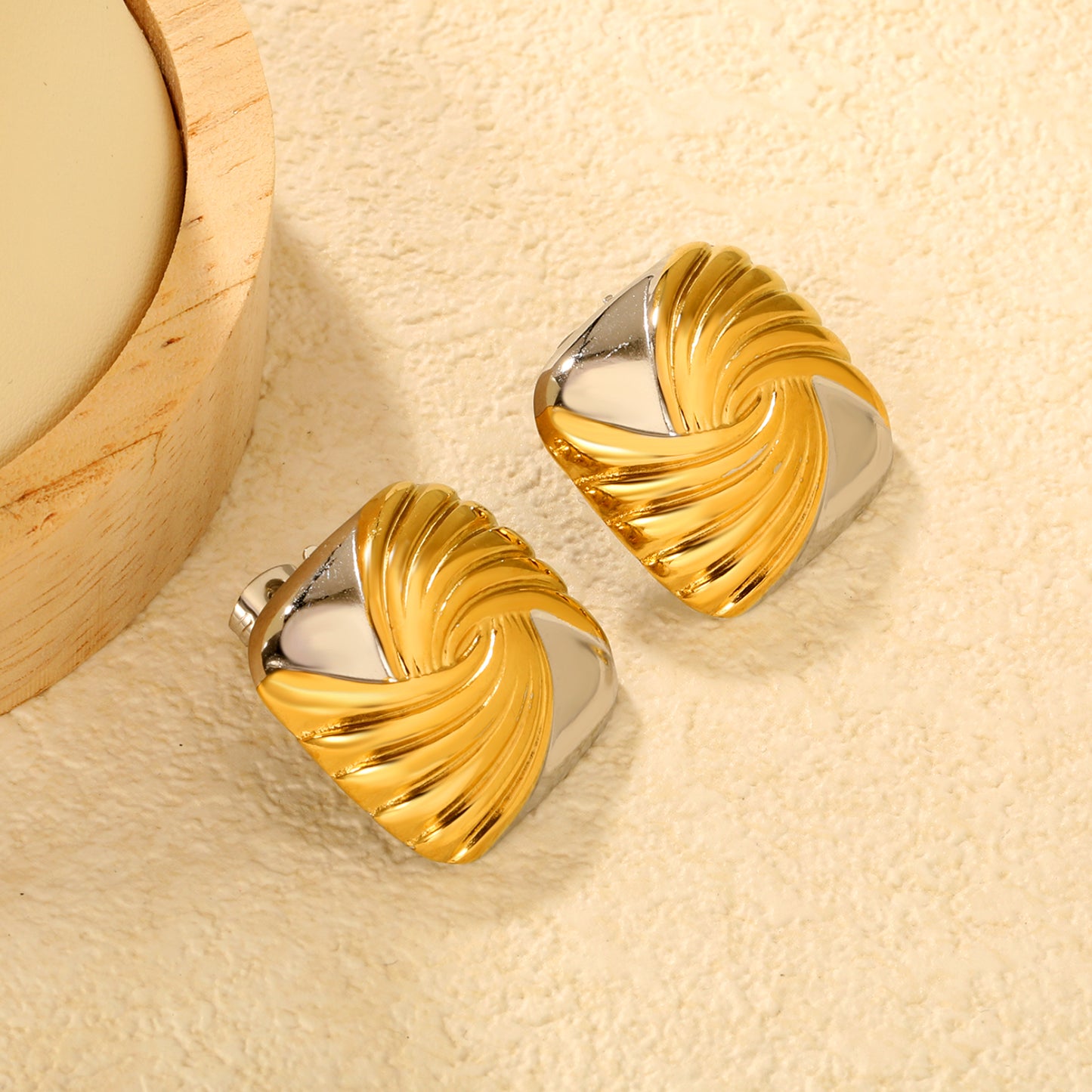 Mixed Metal Swirl Square Earrings | Hypoallergenic Waterproof Statement Studs