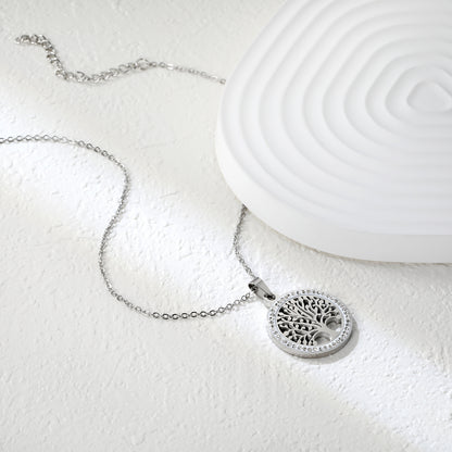 ✨ Wholesale Tree of Life Pendant Necklace - 21.9mm Hollow Circle w/ White Zircon | 40+5cm Stainless Steel Chain (5g)
