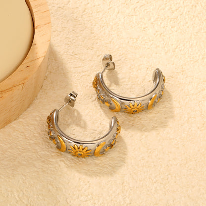 Wholesale C-Shape Celestial Earrings | Two-Tone Moon Star Sun Earrings with Crystals | Bulk Stainless Steel Jewelry