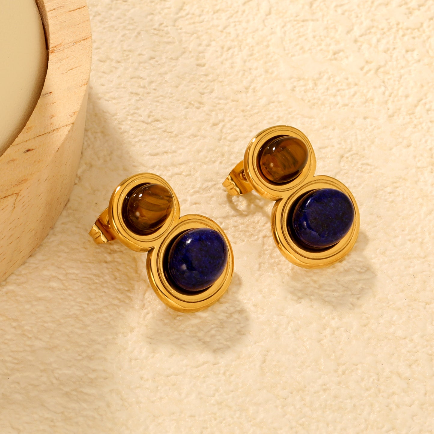 Wholesale Blue Brown Tiger's Eye Earrings | Waterproof Hypoallergenic Stainless Steel Jewelry for Women