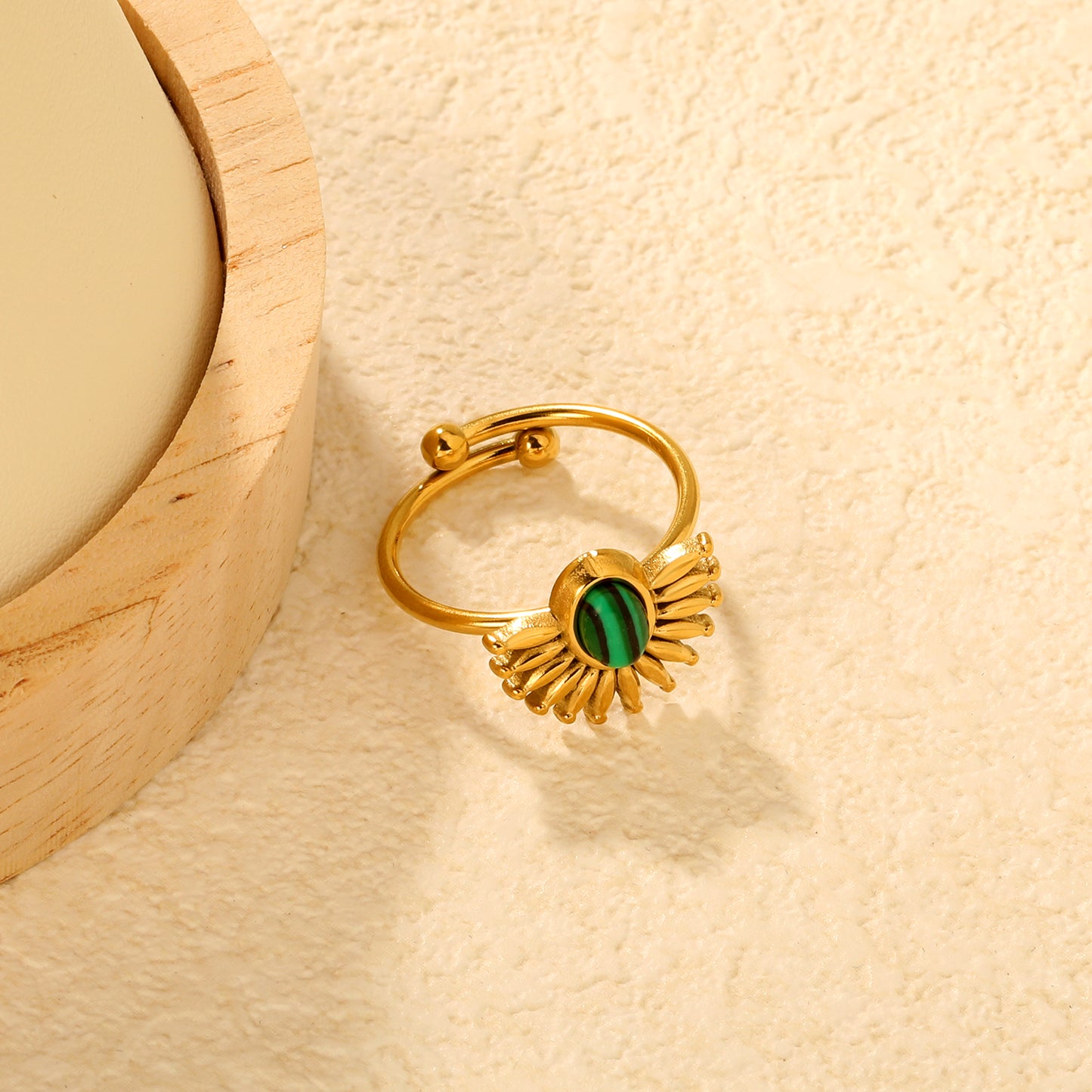 Wholesale Adjustable Sunflower Ring | Malachite Gemstone & Stainless Steel | Waterproof Hypoallergenic Jewelry