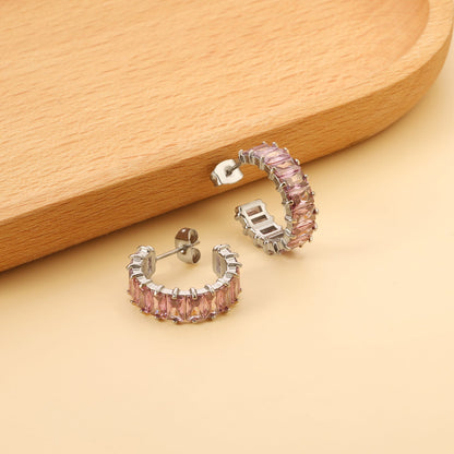 C-Shape with Two Catch Baguette White&Purple&Green&Mixed Diamond Stud Earrings 6.8*21mm