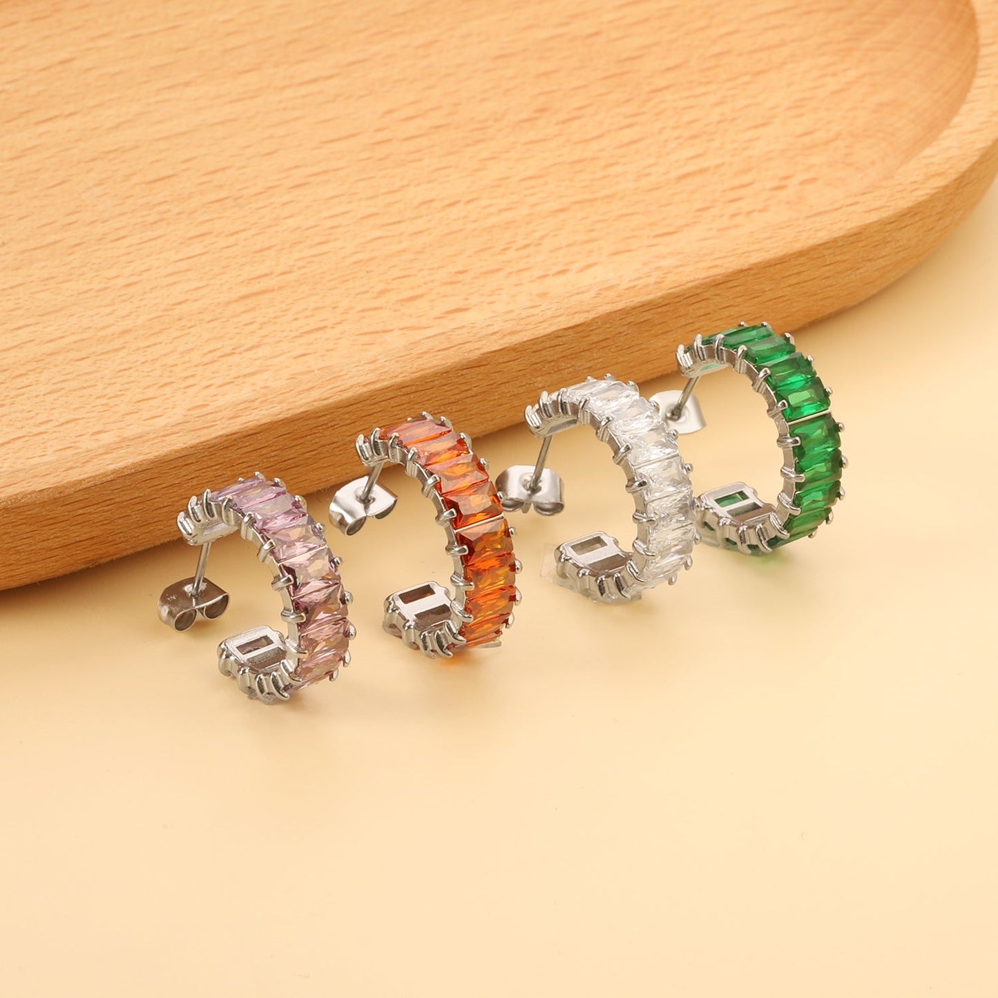 C-Shape with Two Catch Baguette White&Purple&Green&Mixed Diamond Stud Earrings 6.8*21mm