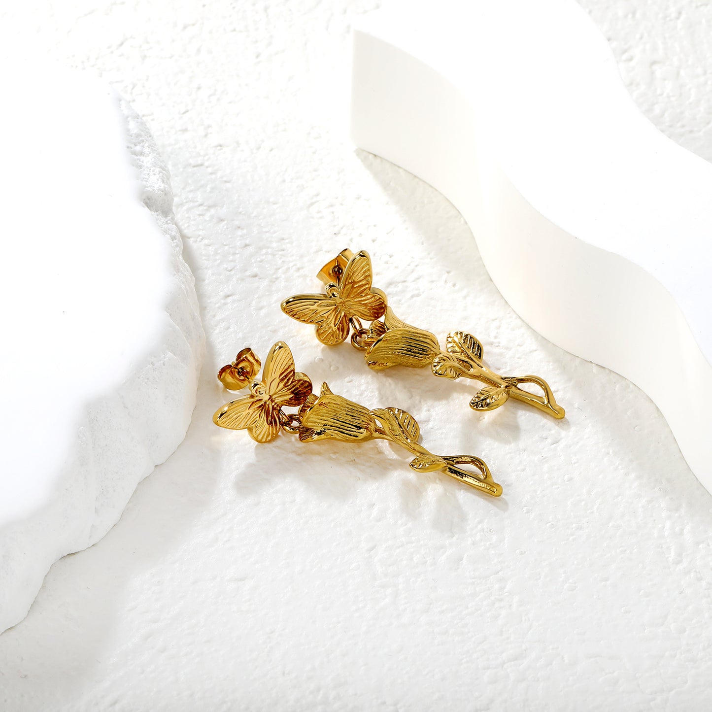 Dainty Rose Stem Butterfly Earrings | Hypoallergenic Stainless Steel for Women
