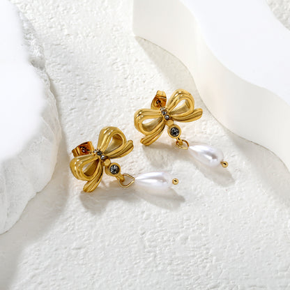 18K Gold Plated Bow Teardrop Pearl Earrings | Vintage Inspired Dangle Stainless Steel Earrings