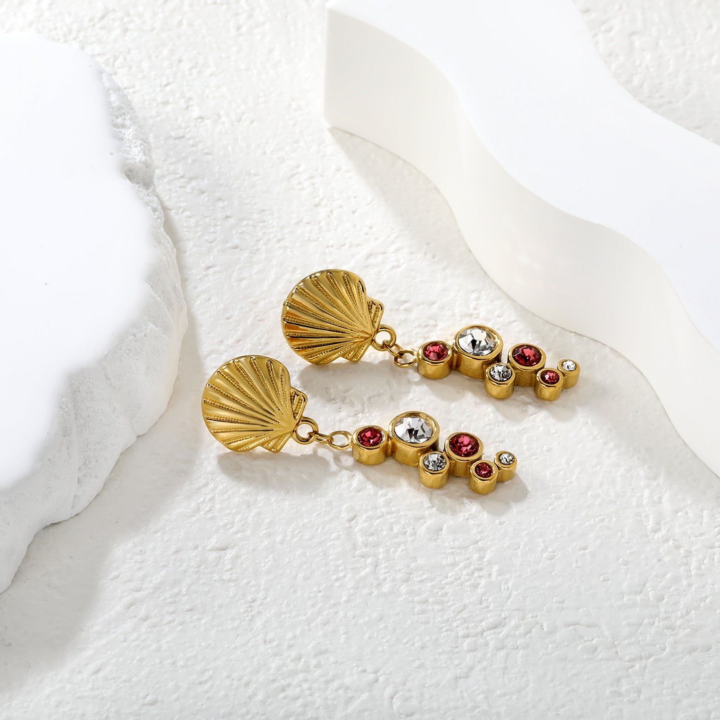Nautical Shell CZ Drop Earrings | Gold Stainless Steel Summer Statement Jewelry