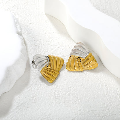 Stainless Steel Two-Tone Ribbed Triangle Stud Earrings | Gold & Steel Textured Jewelry