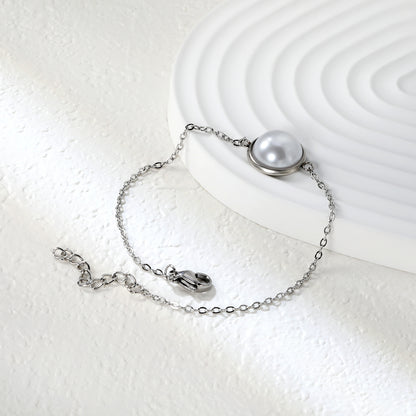 Stainless Steel Steel-Colored 12mm&14mm Round Bracelets with Half Pearl - 16+3cm, Wholesale Offer