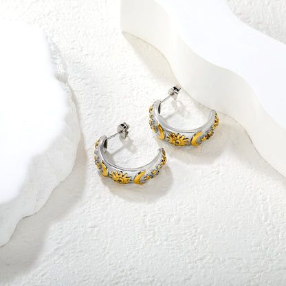 Wholesale C-Shape Celestial Earrings | Two-Tone Moon Star Sun Earrings with Crystals | Bulk Stainless Steel Jewelry