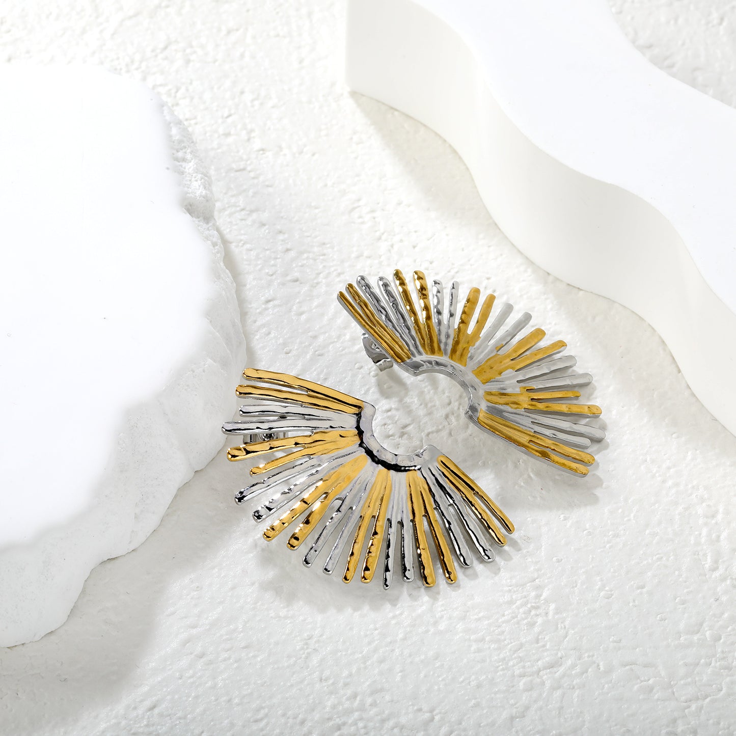 Stainless Steel Fan Earrings | Two-Tone Geometric Earrings for Women | Modern Color Block Jewelry
