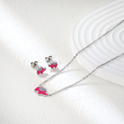 8.6x6.4mm Pink Enamel Elephant Stud Earrings + 12.2x9mm  Pendant Set - 0.3mm Chain (45+5cm) & 6mm Round Tag - Stainless Steel Wholesale Jewelry