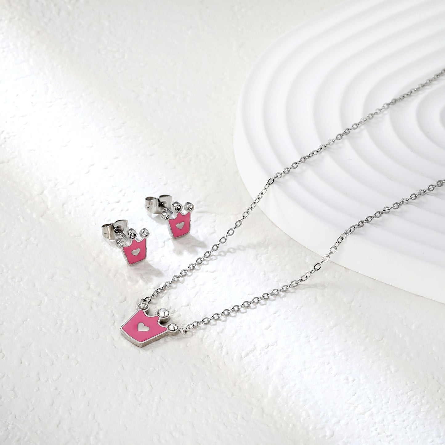 8x8.4mm Crown Pink Enamel Stud Earrings + 11.7x12mm Pendant Set - 0.35mm Cross Chain (45+5cm) & 6mm Tag - Stainless Steel Wholesale Jewelry