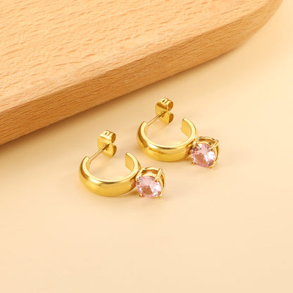 4.3*15mm C-shaped hoop with four scratches round white&black&purple&pink&green diamond stud earrings 6.2mm