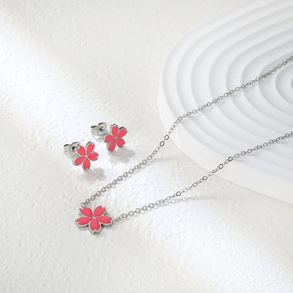 10mm Cherry Blossom Pink Enamel Stud Earrings + 12.5mm Pendant Set - 0.3mm Cross Chain (45+5cm) & 6mm Tag - Stainless Steel Wholesale Jewelry