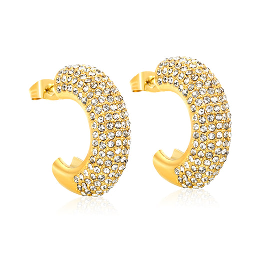 7.7*25mm C Shape Hoop Earrings Piercing Women Gold Plated Copper Cubic Zirconia Jewelry